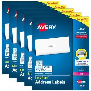 Easy Peel Printable Address Labels with Sure Feed, 1" x 2-5/8" Customizable Stickers, White, 15,000 Blank Mailing Labels, Great for Mailing, Shipping, and More (5-Pack of 5160) Easy Peel Printable Address Labels with Sure Feed, 1" x 2-5/8" Customizable Stickers, White, 15,000 Blank Mailing Labels, Great for Mailing, Shipping, and More (5-Pack of 5160)