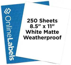 Waterproof Sticker Paper, 250 Sheets, White Matte Vinyl-Like, 8.5" x 11" Full Sheet Label, Works with Inkjet Printers Only, Compatible with Electronic Cutting Machines, OL177WJ, OnlineLabels Waterproof Sticker Paper, 250 Sheets, White Matte Vinyl-Like, 8.5" x 11" Full Sheet Label, Works with Inkjet Printers Only, Compatible with Electronic Cutting Machines, OL177WJ, OnlineLabels