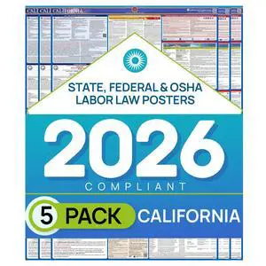 Updated California 2026 Labor Law Poster State & Federal Compliance OSHA, EEOC, FMLA, Minimum Wage Durable, Laminated & Waterproof Workplace Employment Poster Made in USA 26 x 39.5, 5-Pack Updated California 2026 Labor Law Poster State & Federal Compliance OSHA, EEOC, FMLA, Minimum Wage Durable, Laminated & Waterproof Workplace Employment Poster Made in USA 26 x 39.5, 5-Pack