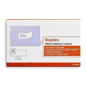 Address Labels, 1" x 25/8", White, Laser/Inkjet Compatible, EasyPeel, Permanent Adhesive, 30 Labels/Sheet, Bulk 60,000/Carton Address Labels, 1" x 25/8", White, Laser/Inkjet Compatible, EasyPeel, Permanent Adhesive, 30 Labels/Sheet, Bulk 60,000/Carton