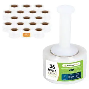 PSBM Mini Stretch Film/Wrap with Plastic Handle 3" x 1000' 80 GA 36 Rolls | Clear Heavy Duty up to 500% Stretch Clear Plastic Wrap Industrial Strength Shrink Film for Moving, Packing & Shipping PSBM Mini Stretch Film/Wrap with Plastic Handle 3" x 1000' 80 GA 36 Rolls | Clear Heavy Duty up to 500% Stretch Clear Plastic Wrap Industrial Strength Shrink Film for Moving, Packing & Shipping