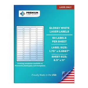 Glossy White Sticker Return Address Labels 1.75" x 0.6667" (60 per Sheet) (Glossy White for Laser Only, 30,000 Labels) Glossy White Sticker Return Address Labels 1.75" x 0.6667" (60 per Sheet) (Glossy White for Laser Only, 30,000 Labels)