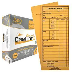 2500 Cashier Depot - Cashier's Report Envelope MT230, 4 1/2" x 10 3/8", Sturdy 24lb. Brown Kraft, Gum Flap, 2500 Count 2500 Cashier Depot - Cashier's Report Envelope MT230, 4 1/2" x 10 3/8", Sturdy 24lb. Brown Kraft, Gum Flap, 2500 Count