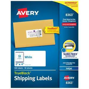 Shipping Labels, Sure Feed Technology, 2" x 4", White, Inkjet Printable, Permanent Adhesive, 500 Blank Mailing Labels per Pack, 2500 (5 Packs of 8363) Shipping Labels, Sure Feed Technology, 2" x 4", White, Inkjet Printable, Permanent Adhesive, 500 Blank Mailing Labels per Pack, 2500 (5 Packs of 8363)