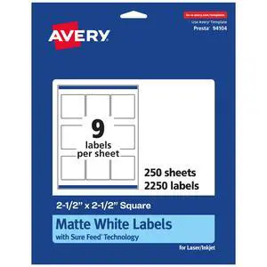 Matte White Square Labels, Sure Feed Technology, 2.5" x 2.5", 2,250 Matte White Printable Labels Matte White Square Labels, Sure Feed Technology, 2.5" x 2.5", 2,250 Matte White Printable Labels