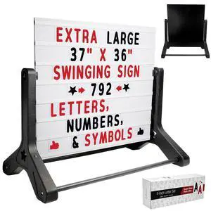 Swinging Changable Message Sidewalk Sign: 37" x 36" Sign with 792 Pre-Cut Double Sided Letters and Storage Box. Includes Black Sign Board & 4 Liquid Chalkboard & Letter Board Swinging Changable Message Sidewalk Sign: 37" x 36" Sign with 792 Pre-Cut Double Sided Letters and Storage Box. Includes Black Sign Board & 4 Liquid Chalkboard & Letter Board