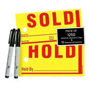 Jumbo Hold/Sold Tags with 10 Markers, Waterproof 8" x 4" Yellow, 1250 Pack | Laminated weather-resistant tags with bold print for vehicle displays; includes waterproof markers Jumbo Hold/Sold Tags with 10 Markers, Waterproof 8" x 4" Yellow, 1250 Pack | Laminated weather-resistant tags with bold print for vehicle displays; includes waterproof markers