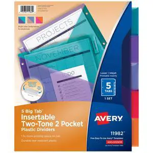 Big Tab Insertable Plastic 2 Pocket Dividers for 3 Ring Binders, 5-Tab Sets, Two-Tone Multicolor, Works with Sheet Protectors, 24 Sets (11982) Big Tab Insertable Plastic 2 Pocket Dividers for 3 Ring Binders, 5-Tab Sets, Two-Tone Multicolor, Works with Sheet Protectors, 24 Sets (11982)