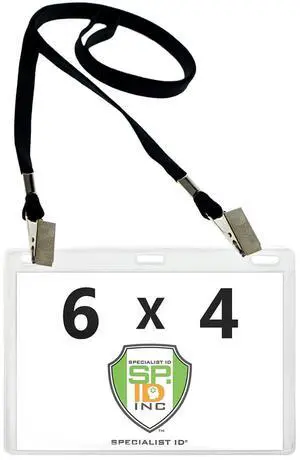 Bulk 100 Pack - 6x4 Badge Holder Horizontal Name Tag Holder & Lanyard with 2 Clips - Extra Large Clear Vinyl Plastic Horizontal 4x6 Badge Holder Sleeve & Premium Lanyards by (Black) Bulk 100 Pack - 6x4 Badge Holder Horizontal Name Tag Holder & Lanyard with 2 Clips - Extra Large Clear Vinyl Plastic Horizontal 4x6 Badge Holder Sleeve & Premium Lanyards by (Black)