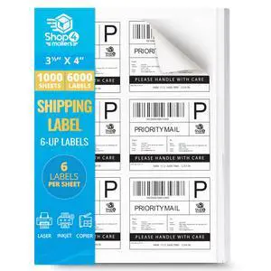 6-Up White Permanent Self Adhesive Shipping Labels 3 1/3 x 4 Easy Peel Stickers for Laser & Inkjet Printers - 1,000 Sheets - 6,000 Count Labels 6-Up White Permanent Self Adhesive Shipping Labels 3 1/3 x 4 Easy Peel Stickers for Laser & Inkjet Printers - 1,000 Sheets - 6,000 Count Labels