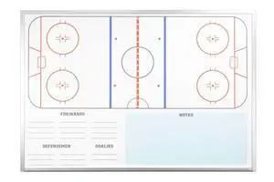 Dry Erase Ice Hockey Whiteboard, Wall Mounted 32" Tall x 45" Wide with Aluminum Trim and Full-Length Marker Tray. Includes Installation Hardware. Features Image of Full Rink, Line-Up, and Notes Dry Erase Ice Hockey Whiteboard, Wall Mounted 32" Tall x 45" Wide with Aluminum Trim and Full-Length Marker Tray. Includes Installation Hardware. Features Image of Full Rink, Line-Up, and Notes