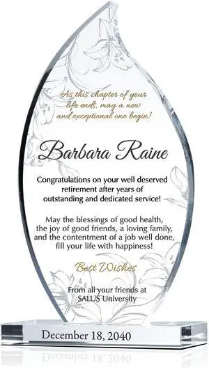 Personalized Crystal Flame Shaped Retirement Gift Plaque for Woman Coworker or Female Boss, Customized with Retiree's Name, Service Period, Unique Employee Retirement Gift (XL - 12") Personalized Crystal Flame Shaped Retirement Gift Plaque for Woman Coworker or Female Boss, Customized with Retiree's Name, Service Period, Unique Employee Retirement Gift (XL - 12")