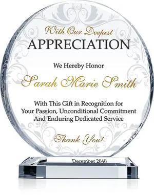 Custom Crystal Appreciation Plaque Personalized Thank You Gift for Employee, Boss, Board Member, or Healthcare Worker (M - 6.5") Custom Crystal Appreciation Plaque Personalized Thank You Gift for Employee, Boss, Board Member, or Healthcare Worker (M - 6.5")