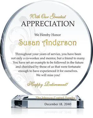 Custom Crystal Retirement Plaque Personalized Gift for Coworker, Colleague, or Employee (M - 6.5") Custom Crystal Retirement Plaque Personalized Gift for Coworker, Colleague, or Employee (M - 6.5")