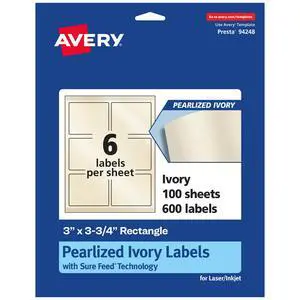 Pearlized Ivory Rectangle Labels, Sure Feed Technology, Print-to-The-Edge, 3" x 3.75", 600 Pearlized Ivory Labels, Laser/Inkjet Printable Pearlized Ivory Rectangle Labels, Sure Feed Technology, Print-to-The-Edge, 3" x 3.75", 600 Pearlized Ivory Labels, Laser/Inkjet Printable