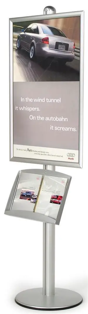 24 x 36 Inch 6 Foot Floor-Standing Sign Stand with Hinged Front-Loading Frame and Steel Brochure Tray, Round Base Aluminum (BP2436LH) 24 x 36 Inch 6 Foot Floor-Standing Sign Stand with Hinged Front-Loading Frame and Steel Brochure Tray, Round Base Aluminum (BP2436LH)