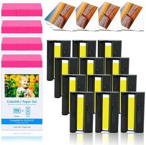 4PK Compatible for Canon Selphy KP-108IN Photo Paper and Ink Set | 4"x6" 100 x148mm 12 Color Ink Cartridge and 432 Sheets Paper Set for CP1300 CP1500 CP1200 CP1000 Wireless Compact Printer 4PK Compatible for Canon Selphy KP-108IN Photo Paper and Ink Set | 4"x6" 100 x148mm 12 Color Ink Cartridge and 432 Sheets Paper Set for CP1300 CP1500 CP1200 CP1000 Wireless Compact Printer
