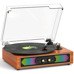Vinyl Record Player with Speakers, RGB Lights, Bass/Treble, Brown Compact 3-speed belt drive vintage turntable with Bluetooth input, auto stop, RCA/AUX/headphone jack, retro home décor gift Vinyl Record Player with Speakers, RGB Lights, Bass/Treble, Brown Compact 3-speed belt drive vintage turntable with Bluetooth input, auto stop, RCA/AUX/headphone jack, retro home décor gift