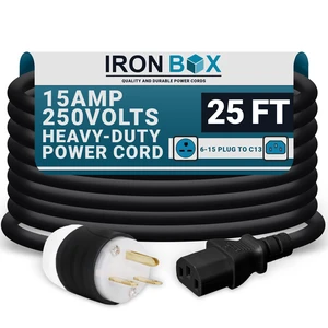 IronBox Electric NEMA 6-15 Plug to C13 Connector Power Cords - 15A/250V - 14/3 AWG - Power Supply Replacement Cable - UL Listed Heavy Duty Cord for Monitor, Computer, TV & More (25 ft, Build) IronBox Electric NEMA 6-15 Plug to C13 Connector Power Cords - 15A/250V - 14/3 AWG - Power Supply Replacement Cable - UL Listed Heavy Duty Cord for Monitor, Computer, TV & More (25 ft, Build)