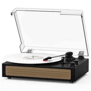 Black Vintage Bluetooth Record Player, 3-Speed Turntable Classic black vintage style with belt-drive, Bluetooth, 3-speed playback, stereo speakers, auto stop, AUX and RCA output Black Vintage Bluetooth Record Player, 3-Speed Turntable Classic black vintage style with belt-drive, Bluetooth, 3-speed playback, stereo speakers, auto stop, AUX and RCA output