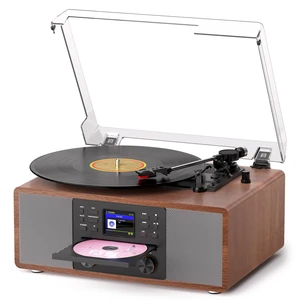 All-in-One Record Player with CD Player, Internet Radio, Walnut 3-speed auto stop, Bluetooth in, USB/SD recording, RCA/AUX, pitch & bass/treble control, alarm, remote, décor gift for home All-in-One Record Player with CD Player, Internet Radio, Walnut 3-speed auto stop, Bluetooth in, USB/SD recording, RCA/AUX, pitch & bass/treble control, alarm, remote, décor gift for home