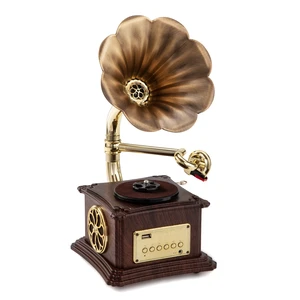 Mini Gramophone Vintage Copper Horn Record Player with Bluetooth, USB, AUX, FM Radio and Built-in Speakers for Gift Home Decor Mini Gramophone Vintage Copper Horn Record Player with Bluetooth, USB, AUX, FM Radio and Built-in Speakers for Gift Home Decor