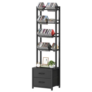 CD Storage Rack with Drawer, 5-Tier DVD Organizer Shelf Media Storage Rack with Adjustable Book Stoppers for CDs, DVDs, Books and Games, for Living Room, Bedroom, Home Office CD Storage Rack with Drawer, 5-Tier DVD Organizer Shelf Media Storage Rack with Adjustable Book Stoppers for CDs, DVDs, Books and Games, for Living Room, Bedroom, Home Office