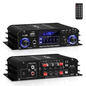 S-288 Bluetooth 5.0 4-Channel Amplifier, 40W x 4 4-channel home audio amp with USB, SD, AUX, RCA, FM and microphone inputs plus remote and 12V 5A adapter S-288 Bluetooth 5.0 4-Channel Amplifier, 40W x 4 4-channel home audio amp with USB, SD, AUX, RCA, FM and microphone inputs plus remote and 12V 5A adapter