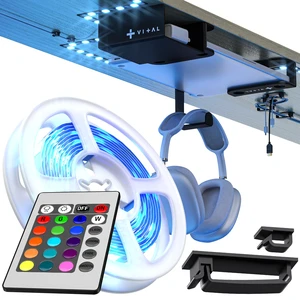 Under Desk Laptop Mount - Hidden Metal Shelf with Side Storage, Hook & Cable Organizer - Installs with Tape & Screws - Fits Devices up to 1.7" Thick - Deluxe + LED (USB Light Strip & Remote) Under Desk Laptop Mount - Hidden Metal Shelf with Side Storage, Hook & Cable Organizer - Installs with Tape & Screws - Fits Devices up to 1.7" Thick - Deluxe + LED (USB Light Strip & Remote)