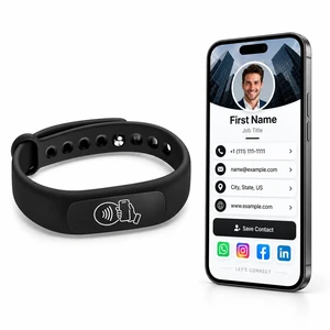 NFC Smart Business Card Wristband, Adjustable (Black) QR Code, Waterproof Silicone, Tap to Share Contact Info, Works with iPhone and Android NFC Smart Business Card Wristband, Adjustable (Black) QR Code, Waterproof Silicone, Tap to Share Contact Info, Works with iPhone and Android