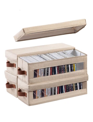 4 Packs CD Storage Box with Visible Window, Stackable CD Case Holder with Dustproof Lid and Handles, Holds Up to 148 CDs in Full Jewel Cases-15.75 x 6.10 x 5.31 Inches-Beige 4 Packs CD Storage Box with Visible Window, Stackable CD Case Holder with Dustproof Lid and Handles, Holds Up to 148 CDs in Full Jewel Cases-15.75 x 6.10 x 5.31 Inches-Beige