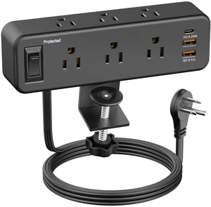 6 Outlet Desk Clamp Power Strip, Flat Plug Extension Cord Desktop Edge Mount for 1.8 inch Tabletop Thick, Table Edge Socket with Switch, 6 ft Cord with USB C, Black 6 Outlet Desk Clamp Power Strip, Flat Plug Extension Cord Desktop Edge Mount for 1.8 inch Tabletop Thick, Table Edge Socket with Switch, 6 ft Cord with USB C, Black
