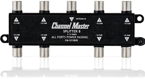 Splitter 8 8-Way Splitter Distributes Digital HDTV Antenna Signal to 8 TVs, One Input and Eight Outputs, Power Passing for Preamplifiers and Boosters, Low-Loss Design, Indoor/Outdoor Splitter 8 8-Way Splitter Distributes Digital HDTV Antenna Signal to 8 TVs, One Input and Eight Outputs, Power Passing for Preamplifiers and Boosters, Low-Loss Design, Indoor/Outdoor