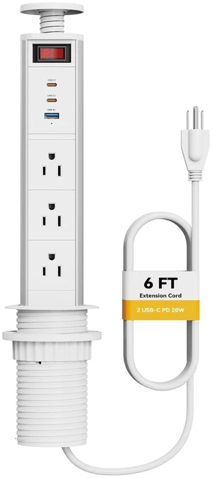 Pop Up Outlet for Countertop with Switch, 3 AC Outlets, 2 USB-C 20W Pull up Power Outlet, for Kitchen Conference Office, 2-3/8" Hole, 6FT Cord Pop Up Outlet for Countertop with Switch, 3 AC Outlets, 2 USB-C 20W Pull up Power Outlet, for Kitchen Conference Office, 2-3/8" Hole, 6FT Cord