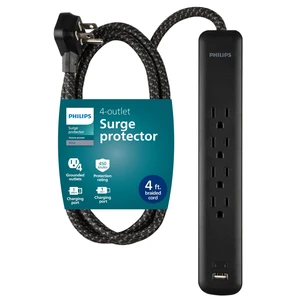Surge Protector Power Strip with USB Ports 4 Ft Braided Extension Cord, 450 Joules, 4 Outlet Extender, 1 USB-A, 1-USB-C, Flat Plug, Black, SPP3393B/37 Surge Protector Power Strip with USB Ports 4 Ft Braided Extension Cord, 450 Joules, 4 Outlet Extender, 1 USB-A, 1-USB-C, Flat Plug, Black, SPP3393B/37