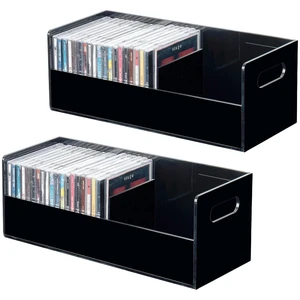 Black Acrylic CD Storage Box, Stackable, Holds 70 CDs, Set of 2 5 mm acrylic crates with cutout handles and a removable divider; each holds 35 jewel cases; stack on a shelf, desk or console Black Acrylic CD Storage Box, Stackable, Holds 70 CDs, Set of 2 5 mm acrylic crates with cutout handles and a removable divider; each holds 35 jewel cases; stack on a shelf, desk or console