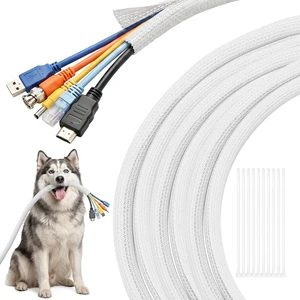 30ft - 1/2 inch Cable Sleeve Cord Protector from Pets No Chew, Split-Braided PVC Wire Loom Tubing for Desk Computer USB TV Cord Organizer, Easy Set-up Cable Management Sleeve Kit, White 30ft - 1/2 inch Cable Sleeve Cord Protector from Pets No Chew, Split-Braided PVC Wire Loom Tubing for Desk Computer USB TV Cord Organizer, Easy Set-up Cable Management Sleeve Kit, White