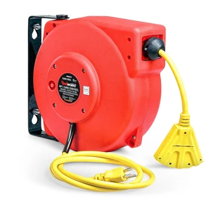 Retractable Extension Cord Reel Polypropylene 12AWG x 40' Foot Industrial Commercial Grade 3C SJT Cable Triple Tap Connector 15A 125VAC 1875W 60Hz Current Interrupter Best for Indoor Use Retractable Extension Cord Reel Polypropylene 12AWG x 40' Foot Industrial Commercial Grade 3C SJT Cable Triple Tap Connector 15A 125VAC 1875W 60Hz Current Interrupter Best for Indoor Use