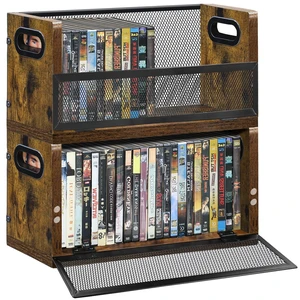 DVD Storage Rack, 2 Pack DVD Case Holder Organizer for 56 DVDs or 64 Blu-ray Cases, Wood and Metal Media Shelf with Handles for Desktop or Closet DVD Storage Rack, 2 Pack DVD Case Holder Organizer for 56 DVDs or 64 Blu-ray Cases, Wood and Metal Media Shelf with Handles for Desktop or Closet
