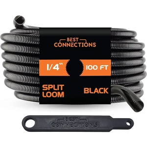 1/4" x 100 ft Split Wire Loom Flex-Guard Convoluted Tubing with Installation Tool - Protective Cable Sleeves for Automotive Home Electrical Wires Chemical Resistant Conduit Black 1/4" x 100 ft Split Wire Loom Flex-Guard Convoluted Tubing with Installation Tool - Protective Cable Sleeves for Automotive Home Electrical Wires Chemical Resistant Conduit Black