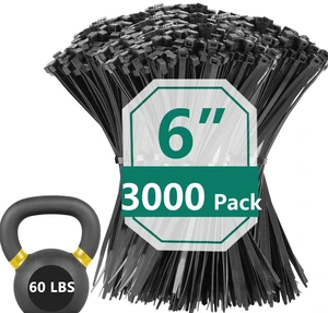 3000 Pack 6 Inch Black Zip Ties,60 LBS Cable Ties,UV Resistant Nylon Wire Ties,Self-Locking Plastic Straps for Indoor&Outdoor Use 3000 Pack 6 Inch Black Zip Ties,60 LBS Cable Ties,UV Resistant Nylon Wire Ties,Self-Locking Plastic Straps for Indoor&Outdoor Use