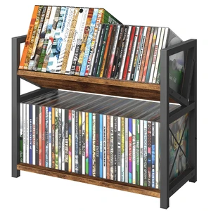 2-Tier CD Holder, Wooden DVD Storage Rack, Desk CD Display Shelf Holds Up to Standard CDs 80 Cases or DVDs 56 cases, Retro Tilting DVD Organizer Tower for Music Enthusiasts, Rustic Brown 2-Tier CD Holder, Wooden DVD Storage Rack, Desk CD Display Shelf Holds Up to Standard CDs 80 Cases or DVDs 56 cases, Retro Tilting DVD Organizer Tower for Music Enthusiasts, Rustic Brown