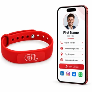 NFC Smart Business Card Wristband, Adjustable (Red) QR Code, Waterproof Silicone, Tap to Share Contact Info, Works with iPhone and Android NFC Smart Business Card Wristband, Adjustable (Red) QR Code, Waterproof Silicone, Tap to Share Contact Info, Works with iPhone and Android