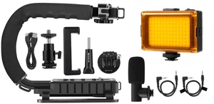 U/C Shape Portable Handheld Bracket Stabilizer Kits Handle Grip + LED Studio Light + Video Microphone Kit with Cold Shoe Tripod Head for All SLR Cameras and Home DV Camera Smartphones U/C Shape Portable Handheld Bracket Stabilizer Kits Handle Grip + LED Studio Light + Video Microphone Kit with Cold Shoe Tripod Head for All SLR Cameras and Home DV Camera Smartphones