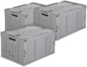 Folding Plastic Storage Crate, PACK OF 3, Collapsible Utility Distribution Container with Attached Lid, 65L Liter Capacity, Gray Folding Plastic Storage Crate, PACK OF 3, Collapsible Utility Distribution Container with Attached Lid, 65L Liter Capacity, Gray
