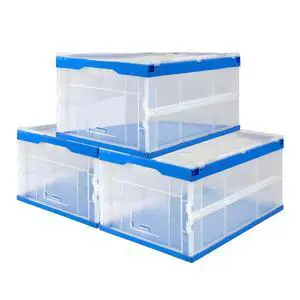 Folding Plastic Storage Crate, Collapsible Utility Distribution Container with Attached Lid, 23x15x13 Inches, 65L Liter Capacity, Clear (SET OF 3) Folding Plastic Storage Crate, Collapsible Utility Distribution Container with Attached Lid, 23x15x13 Inches, 65L Liter Capacity, Clear (SET OF 3)