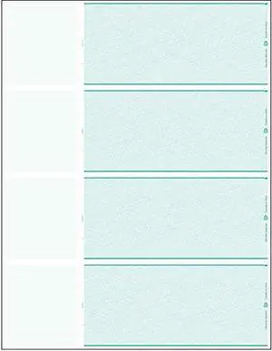 Blank Check Stock, 4 to a Page, 2000 Checks/500 Sheets, Green, Personal Sized with Left stub Blank Check Stock, 4 to a Page, 2000 Checks/500 Sheets, Green, Personal Sized with Left stub