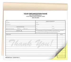 Custom Printed 8.5 x 7 inches Carbonless Non-Profit Charitable Donation Receipt Books - NCR 2-Part Staple Bound Pads with Manila Cover Personalized with Your Company Name and Number - 600 Qty Custom Printed 8.5 x 7 inches Carbonless Non-Profit Charitable Donation Receipt Books - NCR 2-Part Staple Bound Pads with Manila Cover Personalized with Your Company Name and Number - 600 Qty