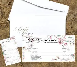 Gift-Blossoms Custom Gift Certificates Cards with Envelopes 100 Set - Gift Certificates for Business with Sequential Numbering Gift-Blossoms Custom Gift Certificates Cards with Envelopes 100 Set - Gift Certificates for Business with Sequential Numbering