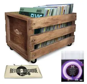 Wooden 12 LP Vinyl Record Storage Crate on Wheels Holds up to 100 Albums (in PVC Sleeves) with Hessian Cloth Cover Includes 40 Vinyl Record Outer Sleeves (Oak Finish) Wooden 12 LP Vinyl Record Storage Crate on Wheels Holds up to 100 Albums (in PVC Sleeves) with Hessian Cloth Cover Includes 40 Vinyl Record Outer Sleeves (Oak Finish)